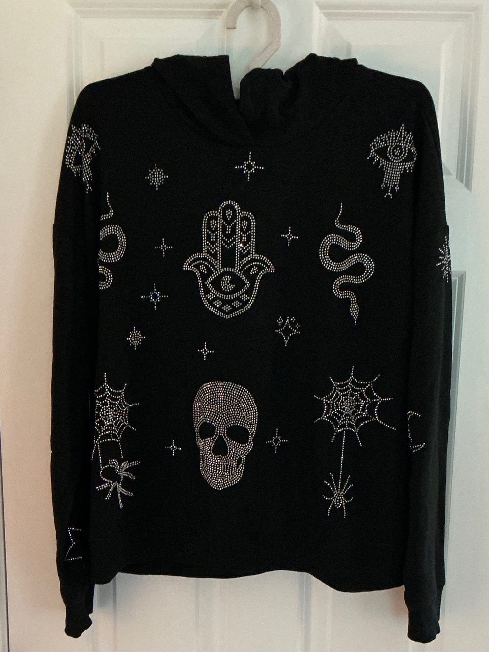 Marled Black Crystal-Embellished Skull & Symbol Hooded Sweater